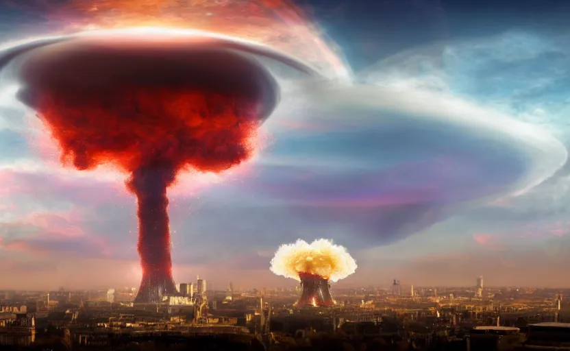 Prompt: nuclear mushroom cloud over London featured on artstation, ultrawide angle cycles render, 4k