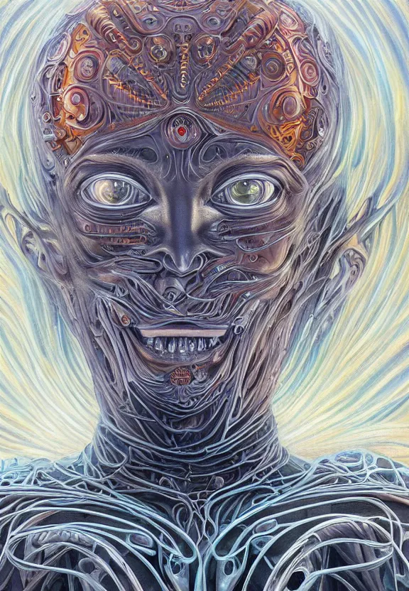 Image similar to perfectly centered portrait front view of a beautiful biomechanical alien robot, flowing hair, intense stare, sweet smile, symmetrical, concept art, intricate detail, volumetric shadows and lighting, realistic oil painting by alex grey,