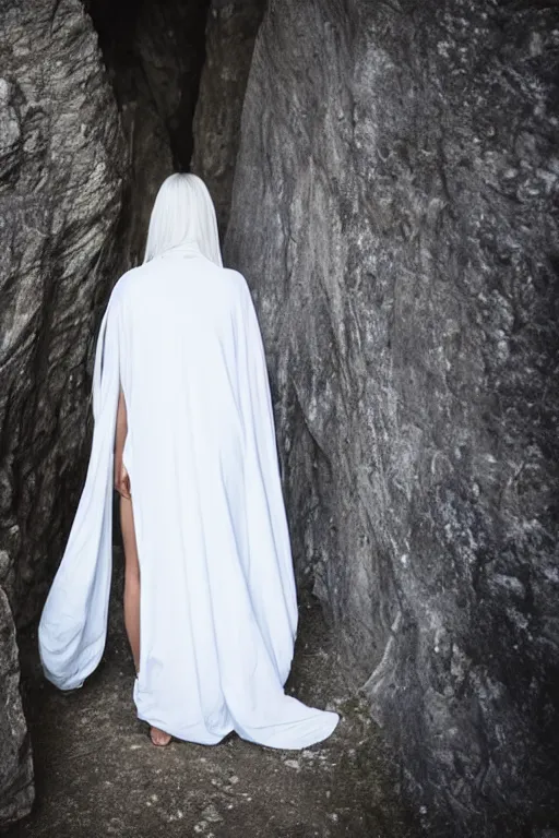 Image similar to a full body back samarai cloaked in white with white long hair, standing in light beam of a dark cave, high quality, ultra detail, wide view