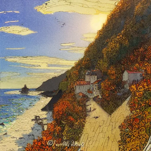 Image similar to rebecca guay's painting of a quaint seaside fishing town with steep hills and corpuscular rays.