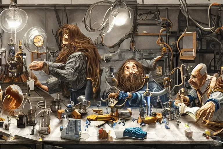 Image similar to a beautiful highly detailed masterpiece photograph of wizards performing cutting edge prompt engineering in a scientific laboratory, trending on artstation