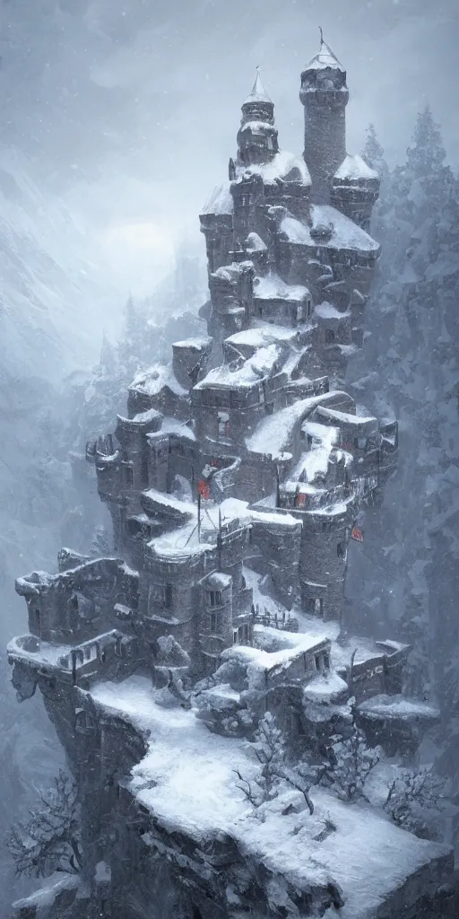 Image similar to a abandoned castle on the top of a snowy mountain, greg rutkowski, 8 k, shallow depth of field, intricate detail, concept art,