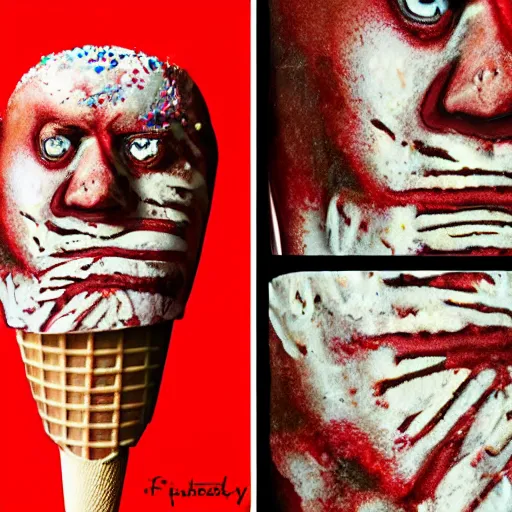 Image similar to freddy kruger face on an ice cream with a stick from ice cream truck, realistic photography, high detailed