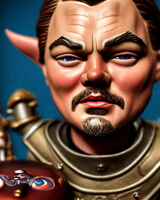 Image similar to highly detailed closeup, face profile portrait of a tin toy leonardo dicaprio as a medieval demon with horns eating cakes in a castle, hyper realistic, artstation, illustration, nicoletta ceccoli, mark ryden, lostfish, dan decarlo, bob clampett, max fleischer, digital paint, matte paint, vivid colors, detailed and intricate environment