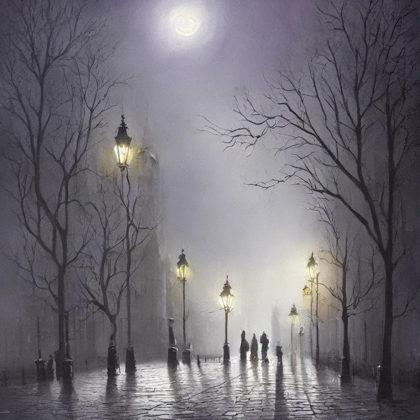 Image similar to beautiful painting of old London street scene spooky dark fog in the moonlight fantasy mystical