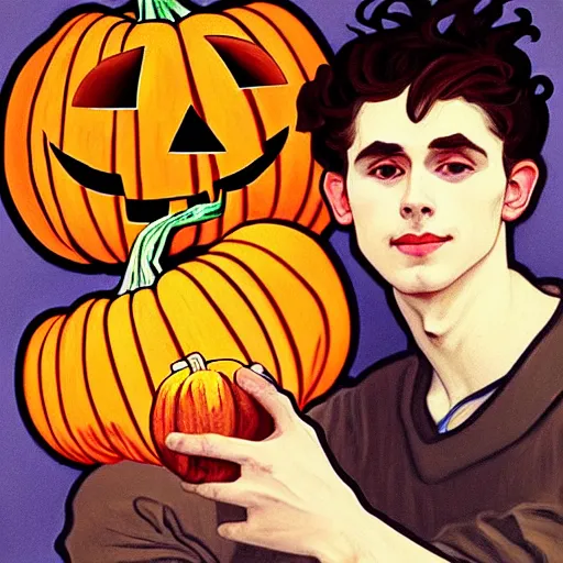 Prompt: painting of handsome young delicate beautiful jeffrey in his 2 0 s with brown hair and gorgeous rina together at the giant jack o'lantern halloween party holding pumpkins, elegant, clear, painting, stylized, art, art by alphonse mucha, vincent van gogh, egon schiele,