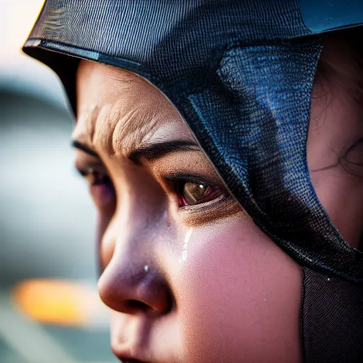 Image similar to photographic portrait of a poor techwear woman holding back tears, a futuristic shanty town burns in the background, closeup, sigma 85mm f/1.4, 4k, depth of field, high resolution, 4k, 8k, hd, full color