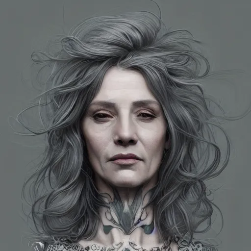 Prompt: portrait of a middle aged artsy woman, grey hair, tattoo, avangarde, unique, artistic soul, nature, plants, wool, upper body, long hair, intricate, elegant, highly detailed, digital painting, artstation, concept art, matte, sharp focus, illustration, art by artgerm and greg rutkowski and alphonse mucha