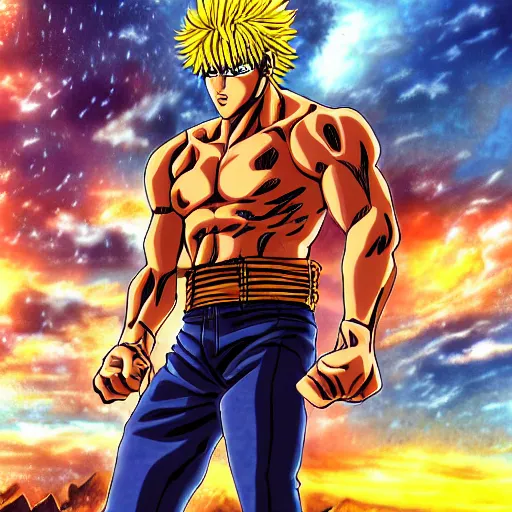 Image similar to fist of the north star, man, standing, anime style, hdr, buildings