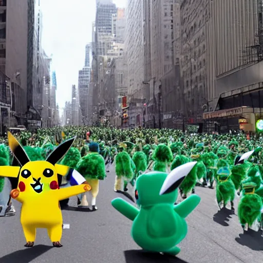 Image similar to a parade of pokemon marching down 5 th ave manhattan on st. patrick's day, 8 k, photo realistic, extremely life like