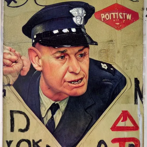 Image similar to hybrid of pig and nyc policeman, annoyed, ultra detailed, photo realistic, style of norman rockwell.