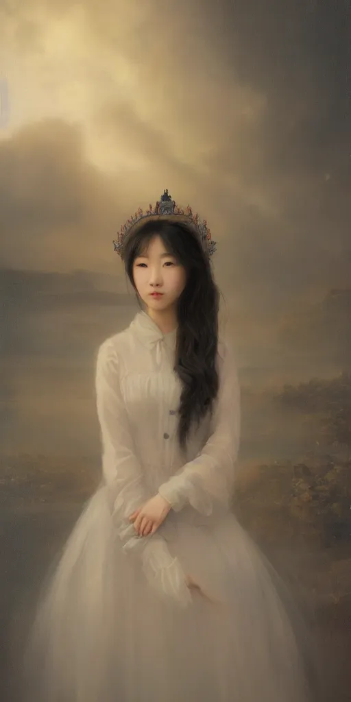 Prompt: Highly detailed and cinematic romantic period oil painting of dense smokey foggy atmosphere with a beautiful Korean girl wearing a neon glowing crown, an oil painting masterpiece by Josep Tapiró Baró, RPG portrait, dynamic lighting, 8K