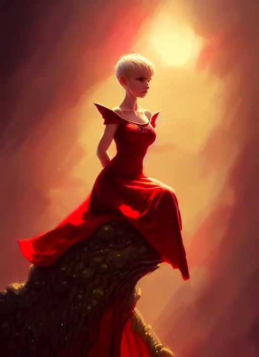 Image similar to Image of tiny pixie sitting on top of a human hand, D&D fantasy, wearing a red dress, intricate, highly detailed, digital painting, artstation, concept art, sharp focus, illustration, art by greg rutkowski and Ross Tran