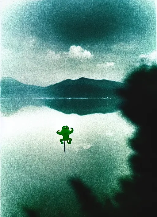 Image similar to “unicorn pepe the frog vertically hovering above misty lake waters in jesus christ pose, low angle, long cinematic shot by Andrei Tarkovsky, paranormal, eerie, mystical”