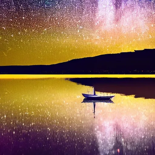 Prompt: small sailboat on a lake under a starry sky