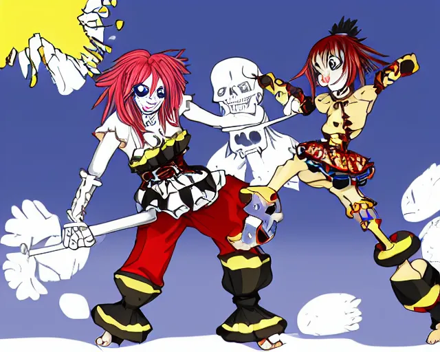 Image similar to anime clown girl warrior fighting a skeleton