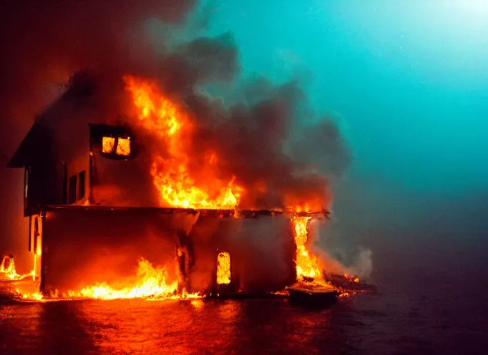 Image similar to dslr photo still of a house on fire under the water under water at the bottom of the ocean with lots of bubbles and light rays, 8 5 mm f 1. 8