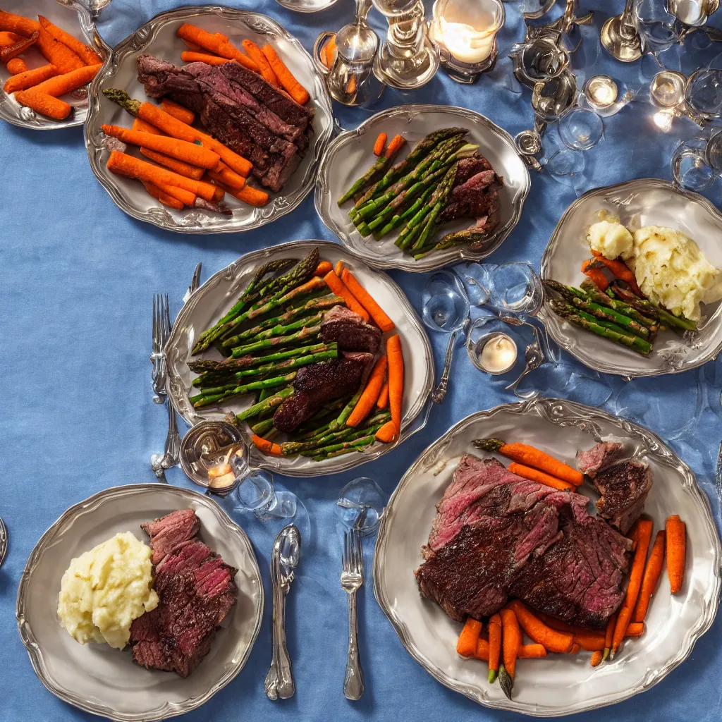 Prompt: macro chest - level shot of a single plate with prime rib, asparagus, mashed potatoes and gravy, and steamed carrots with blue table cloth and lit candles in ornate silver candlesticks, ultra - realistic, photo realism, professional photograph, extreme detail, deep focus, laser sharp, volumetric lighting, atmospheric, luxury, elite