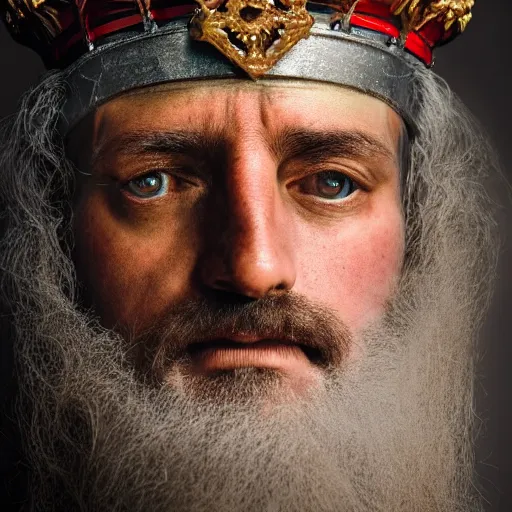 Prompt: stunning beautiful portrait photography of a face detailing medieval king with crown from national geographic magazine award winning, dramatic lighting, taken with Sony alpha 9, sigma art lens, medium-shot