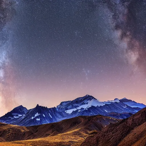 Prompt: long exposure photograph of milky way set behind mountains, highly detailed, long lens, 4 k