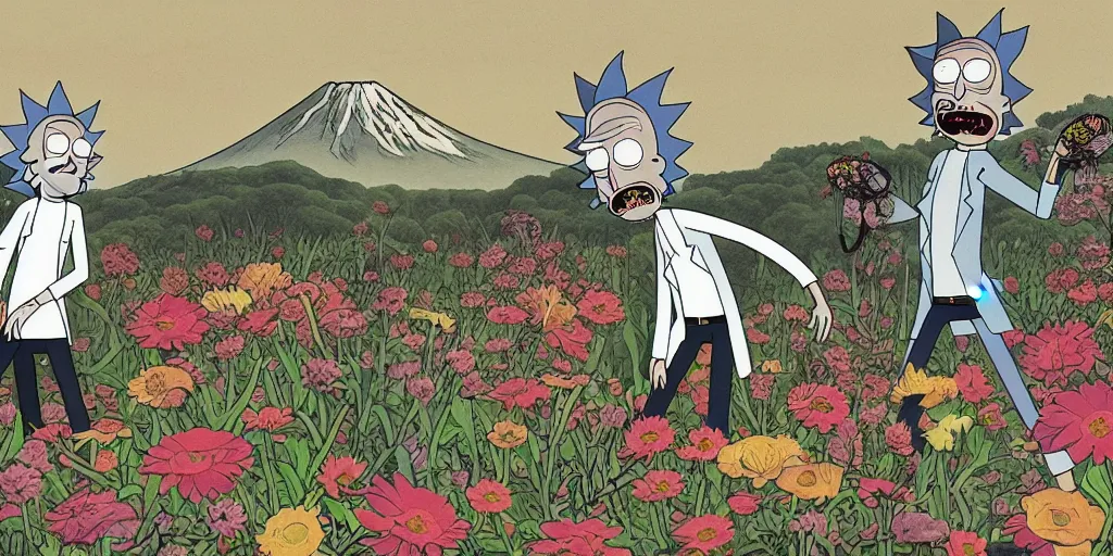 Image similar to Rick and Morty in a Field of mixed flowers, Mount Fuji blurred in the background, good news on Sunday, HR Giger style , chinese ancient painting