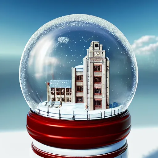 Image similar to a snow globe with a building in it, a computer rendering by leandro erlich, trending on cgsociety, retrofuturism, tesseract, isometric, physically based rendering