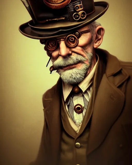 Image similar to steampunk old man portrait, handsome, steampunk hat, detective coat, steampunk monocle, smoking pipe, hyper realistic 3 d render by ilya kuvshinov, peter mohrbacher, greg rutkowski, ryohei hase, dramatic lighting, intricate, highly detailed, sharp focus, luminous, unreal engine, blender, deviant art, masterpiece, ray tracing