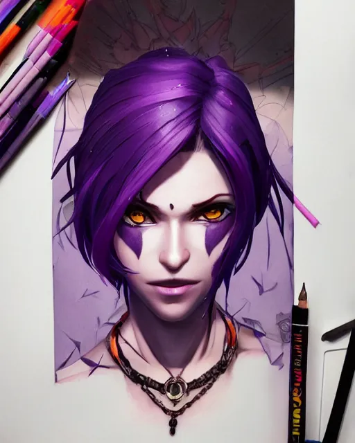 Prompt: beautiful female purple hair tattoo symmetrical face eyes singing full length fantasy art apex fortnite Video game icon, 2d game art gta5 cover , official fanart behance hd artstation by Jesper Ejsing, by RHADS, Makoto Shinkai and Lois van baarle, ilya kuvshinov, rossdraws