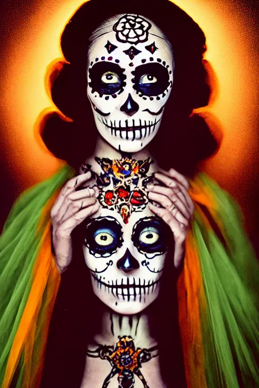 Image similar to 1 9 4 0's virgin mary dia de muertos dress and make up, horrific beautiful vibe, evocative, atmospheric lighting, painted, intricate, highly detailed, leesha hannigan, wayne haag, reyna rochin, ignacio fernandez rios, mark ryden, iris van herpen, stunning, gorgeous, sharp focus, cinematic, masterpiece