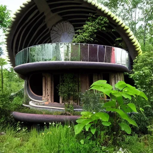 Prompt: beautiful overgrown modern Earthship home made from clay cob with permaculture garden, in the style of studio ghibli