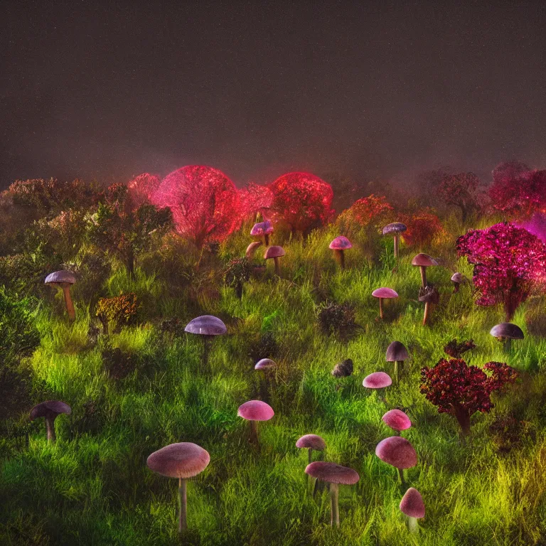 Image similar to a planet of various fungus like trees, mushrooms, flowers and plants, artistic photography, conceptual, long exposure outside the city, volumetric light