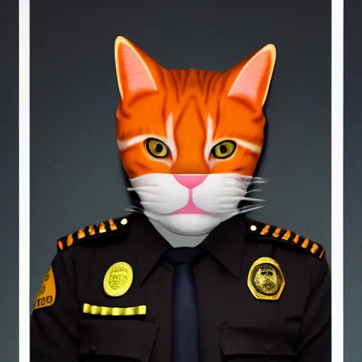 Prompt: high quality photo of a man in a police officer uniform wearing a latex mask of a realistic looking orange/white tabby cat on a dark bg, lit from below by James Jean, natural lighting