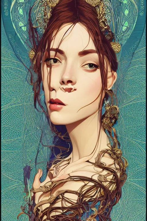 Image similar to high priestess, intricate, elegant, highly detailed, concept art, sharp focus, beautiful face!!, digital art, smooth defined outlines!!, human anatomy, human structure, vector background, art nouveau vector background, by Brom, trending on Artstation, Alphonse Mucha, Tom Bagshaw, Sargent