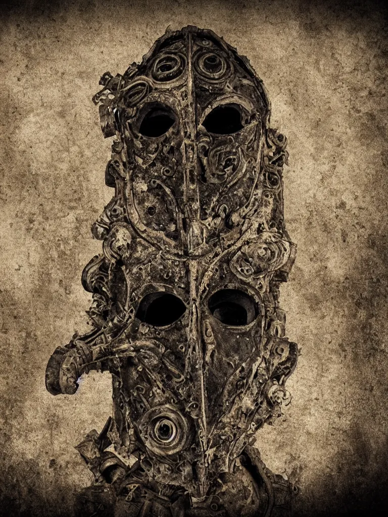 Image similar to extra wide view. an ominous dark ancient mask. barron. worn out photography. sepia. cracks. hyper - detailed. gothic steampunk. low poly medieval baroque. symmetric. epic. hyper - realistic. unreal render.