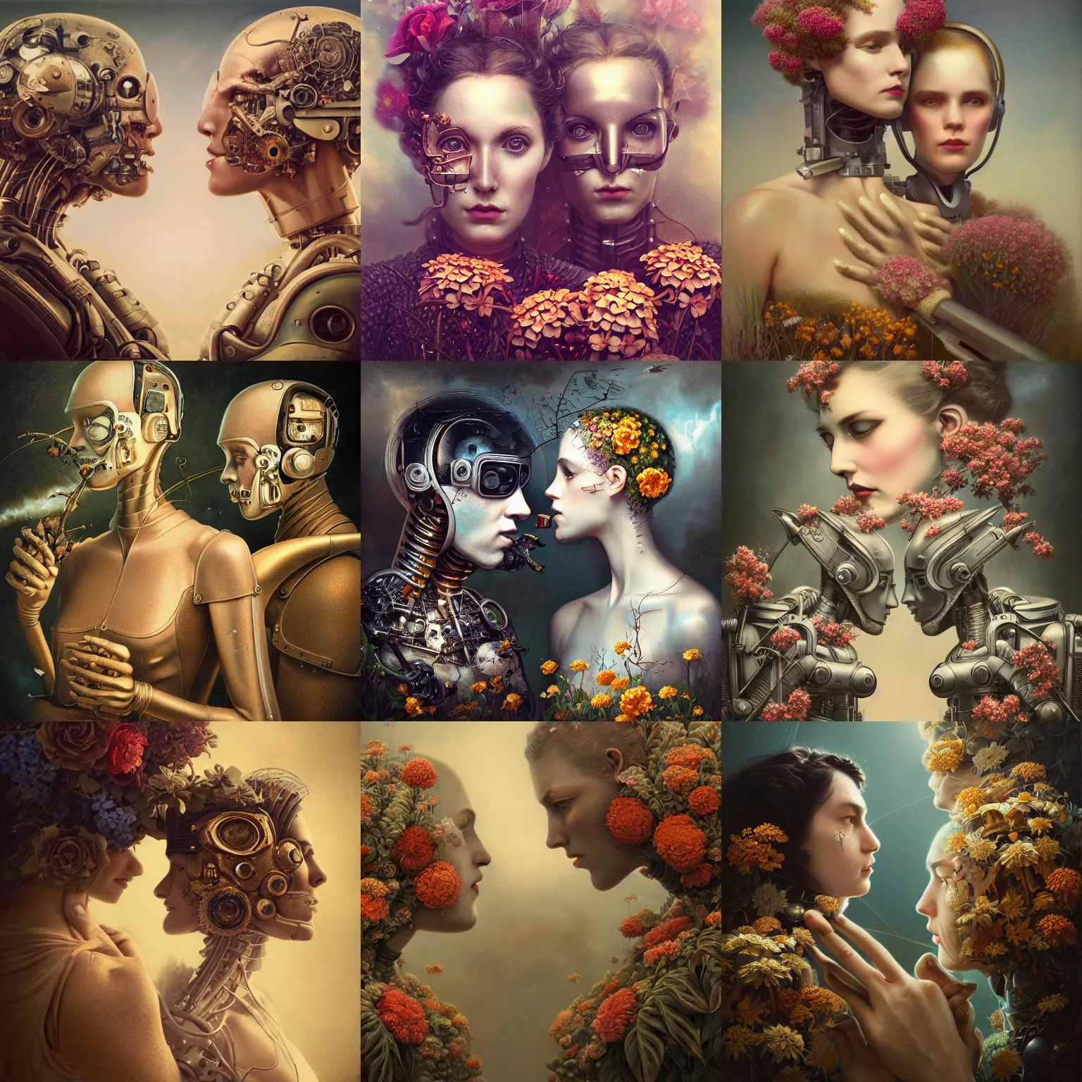 Prompt: a beautiful ultradetailed vintage photo of two angry cyborgs butting heads, by tom bagshaw and anna dittman, portrait, vignette, 5 0 mm lens, golden ratio composition, detailed faces, studio photography, very detailed, humanoids overgrown with flowers, industrial robots, artstation, 8 k, highly coherent