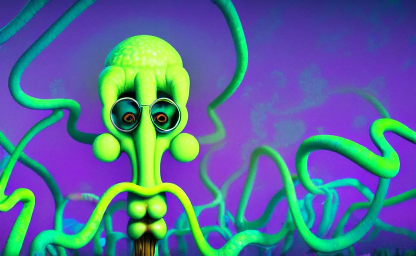 Image similar to squidward taking an acid trip, digital painting, octane render, psychedelic, intricate detail, highly detailed