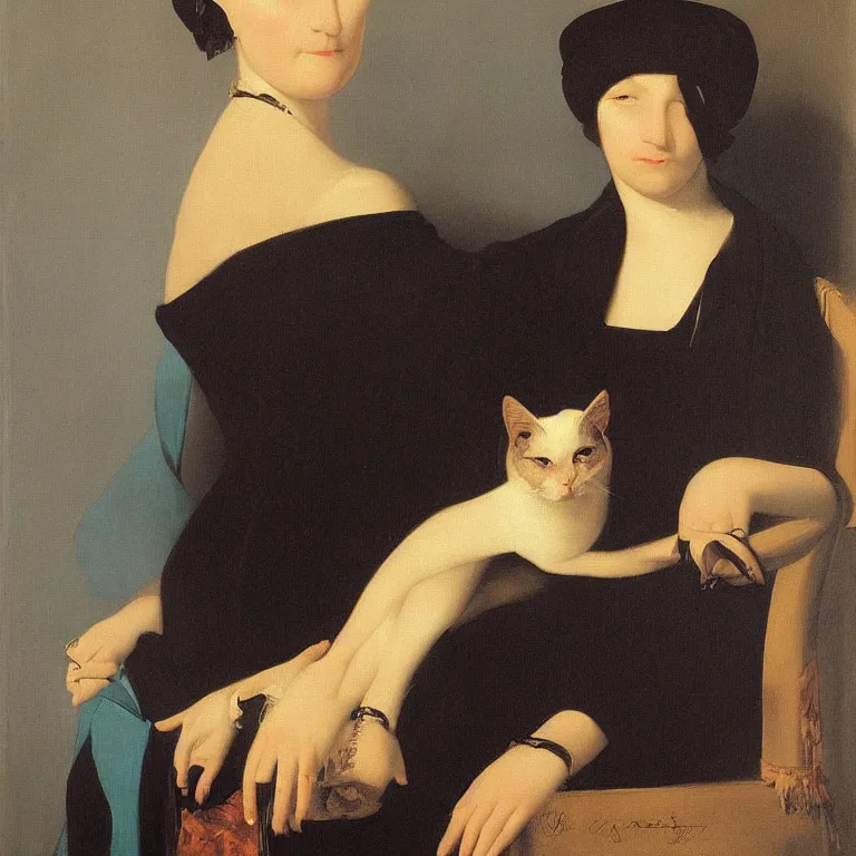 Prompt: Elegant portrait of the old cat lady. Painting by Ingres
