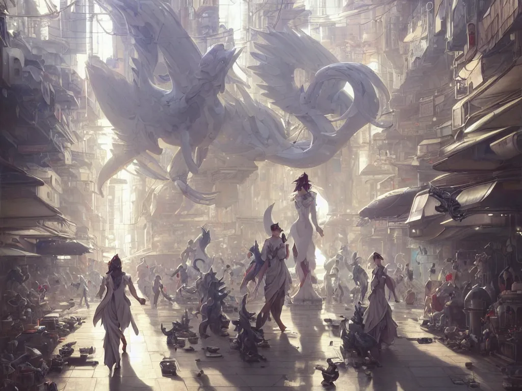 Image similar to a big lugia pokemon walking among people in open door market, cyberpunk, sci-fi, fantasy, intricate, elegant, highly detailed, digital painting, artstation, concept art, smooth, sharp focus, illustration, art by Yintion J - Jiang Geping and artgerm and greg rutkowski and alphonse mucha