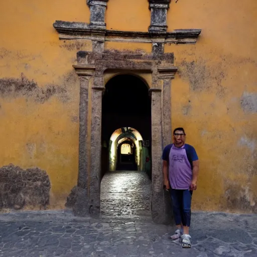 Image similar to a picture of a man standing in front of an arch in antigua guatemala at night