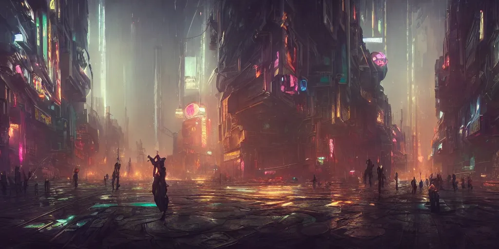 Image similar to a painting of a cinematic keyframe of a cyberpunk dystopian city, arcane league of legends like, by greg rutkowski, rule of thirds, golden ratio, ambient lighting, wlop, artgerm, artstation, highly detailed masterpiece, dark fantasy art, high detail, trending on artstation