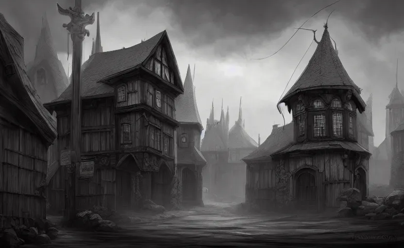 Image similar to beautifully drawn concept art of an old medieval mystic town : : dramatic mood, overcast mood, dark fantasy environment : : trending on artstation, unreal engine, digital art