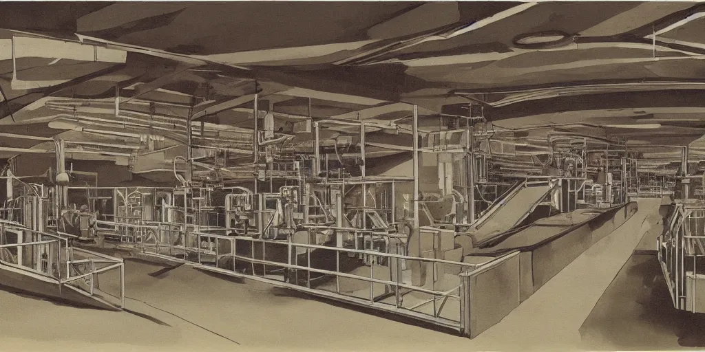 Image similar to painting of a meat processing plant, hariton pushwagner