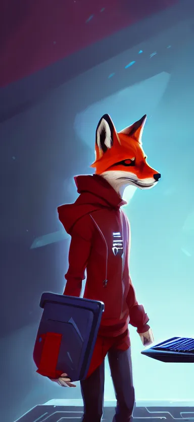 Image similar to a league of legends concept art of an anthropomorphic red fox in a blue hoodie hacking a portable computer, front view, hacker emblem, artstation, digital art, oc commission, style by jordan grimmer and greg rutkowski, 4 k resolution