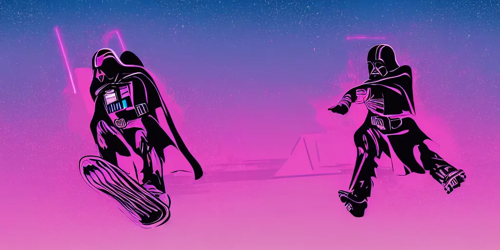 Prompt: vaporwave, vector graphics, synthwave, neon, darth vader snowboarding