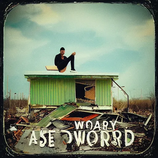 Prompt: album art similar to “O Green World” featuring a man sitting on top of a extremely dilapidated mobile home in the middle of a wasteland with a massive overjoyed blissful toothy grin