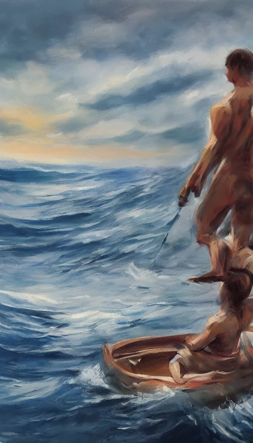 Image similar to man on boat crossing a body of water in hell with creatures in the water, sea of souls, by emilia wilk