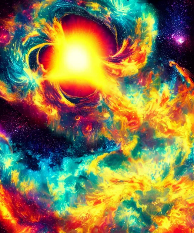 Image similar to black hole, sun, space, photorealistic, bright colors, phoenix flames, nebula clouds, soft tones