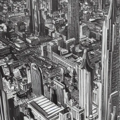 Prompt: an aerial photograph of a metropolis built in art deco style, photo realistic, extremely detailed, cinematic lighting, establishing shot, retro, art deco, gilded age