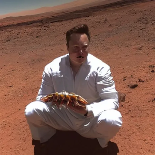 Prompt: “Elon musk eating crabs from a large bucket, on Mars”