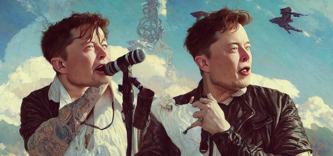 Image similar to Elon musk as the lead singer of bring me the horizon by Stanley Artgerm Lau, greg rutkowski, thomas kindkade, alphonse mucha, loish, norman Rockwel